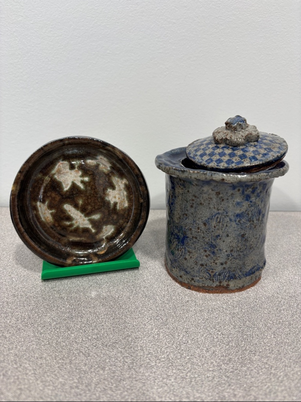 Handcrafted Blue and Brown Stoneware Jar with Lid and Matching Dish